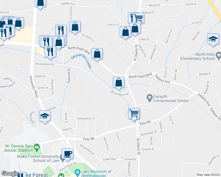 map of restaurants, bars, coffee shops, grocery stores, and more near 4217 Brownsboro Road in Winston-Salem