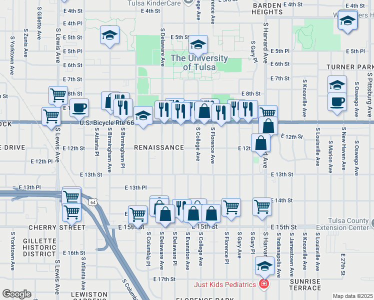 map of restaurants, bars, coffee shops, grocery stores, and more near 1203 South Evanston Avenue in Tulsa