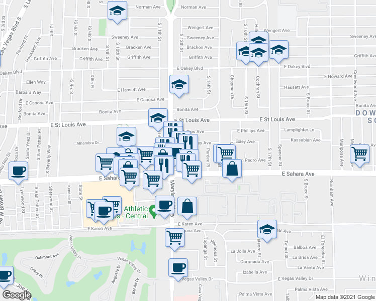 map of restaurants, bars, coffee shops, grocery stores, and more near 1301 San Pedro Street in Las Vegas
