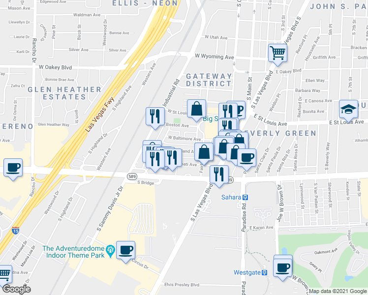 map of restaurants, bars, coffee shops, grocery stores, and more near 234 West Cleveland Avenue in Las Vegas