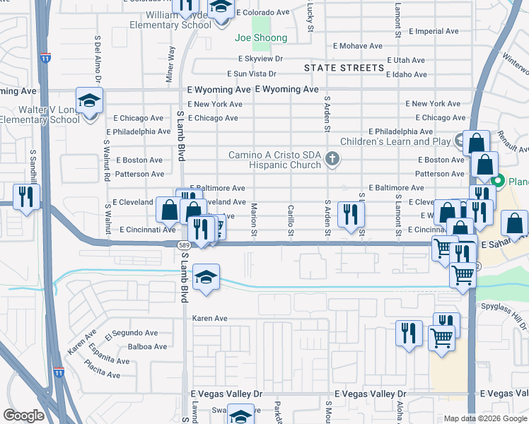 map of restaurants, bars, coffee shops, grocery stores, and more near 4415 Welter Avenue in Las Vegas
