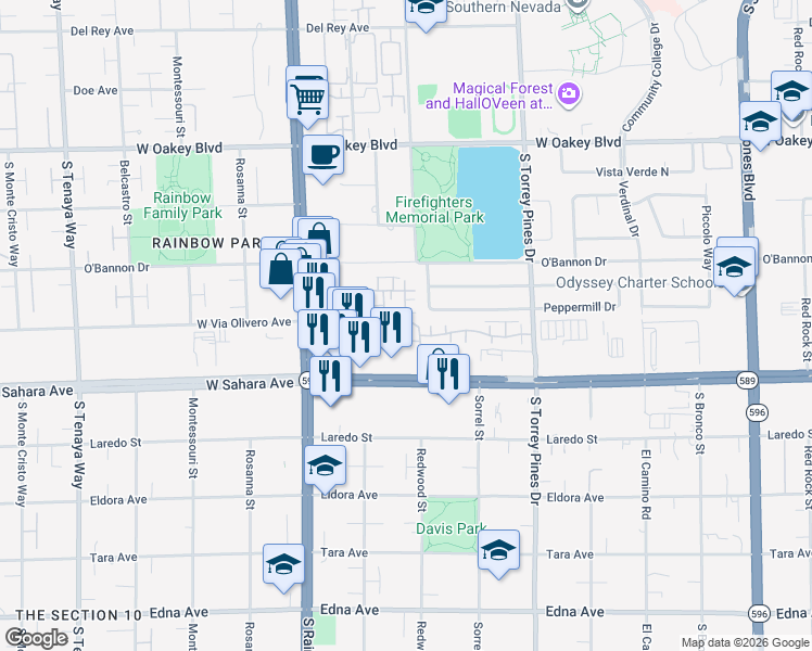 map of restaurants, bars, coffee shops, grocery stores, and more near 2301 Redwood Street in Las Vegas