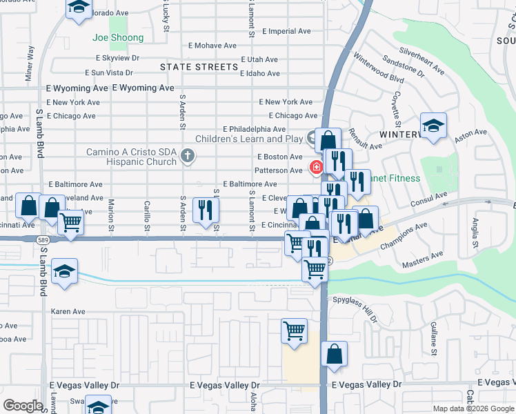 map of restaurants, bars, coffee shops, grocery stores, and more near 4825 Welter Avenue in Las Vegas