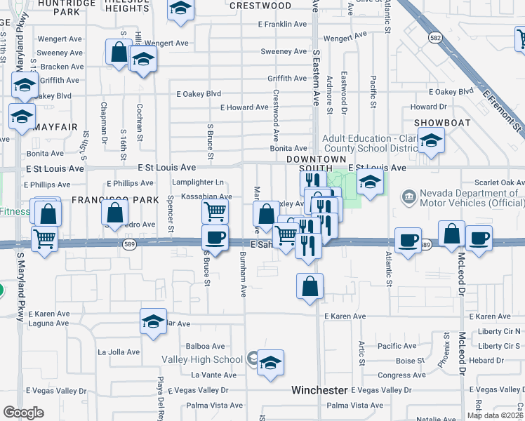 map of restaurants, bars, coffee shops, grocery stores, and more near 2319 Mariposa Avenue in Las Vegas