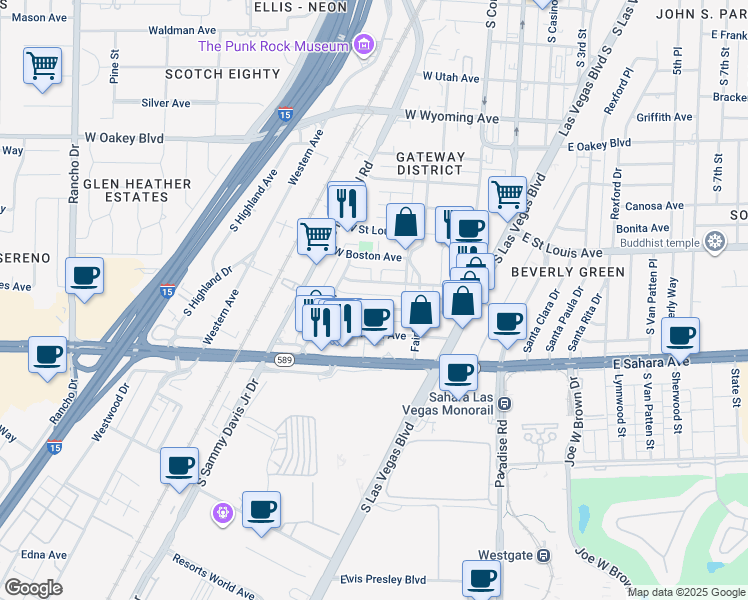 map of restaurants, bars, coffee shops, grocery stores, and more near 223 West Cleveland Avenue in Las Vegas