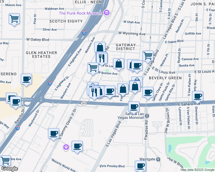 map of restaurants, bars, coffee shops, grocery stores, and more near 311 West Cleveland Avenue in Las Vegas