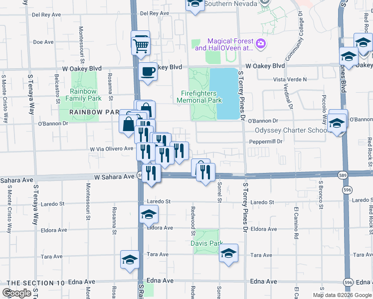 map of restaurants, bars, coffee shops, grocery stores, and more near 2301 Redwood Street in Las Vegas