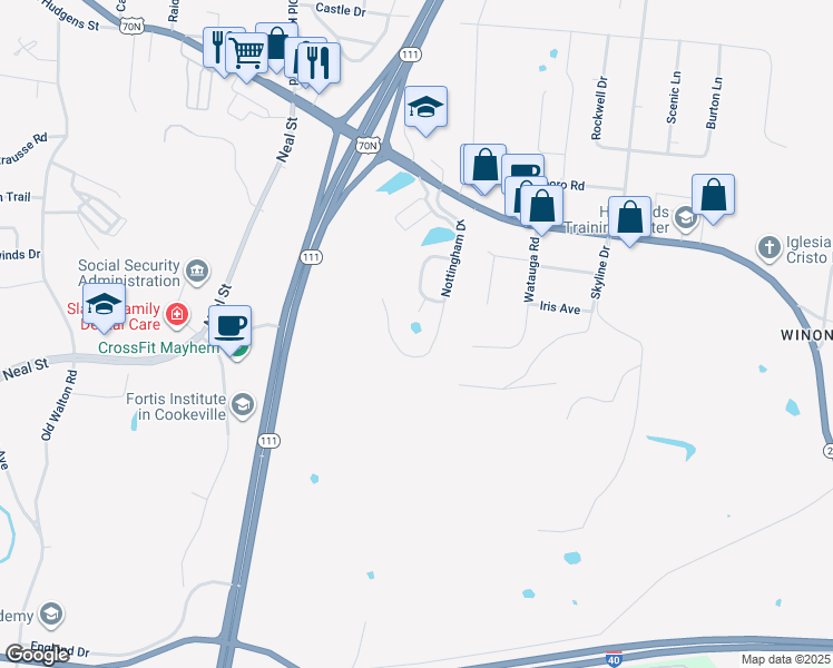 map of restaurants, bars, coffee shops, grocery stores, and more near 1017 Nottingham Drive in Cookeville