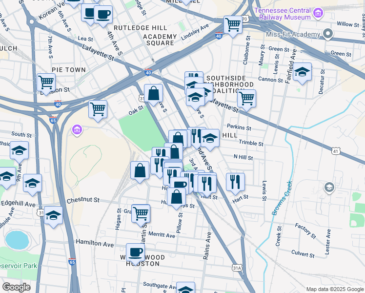 map of restaurants, bars, coffee shops, grocery stores, and more near 200 Chestnut Street in Nashville