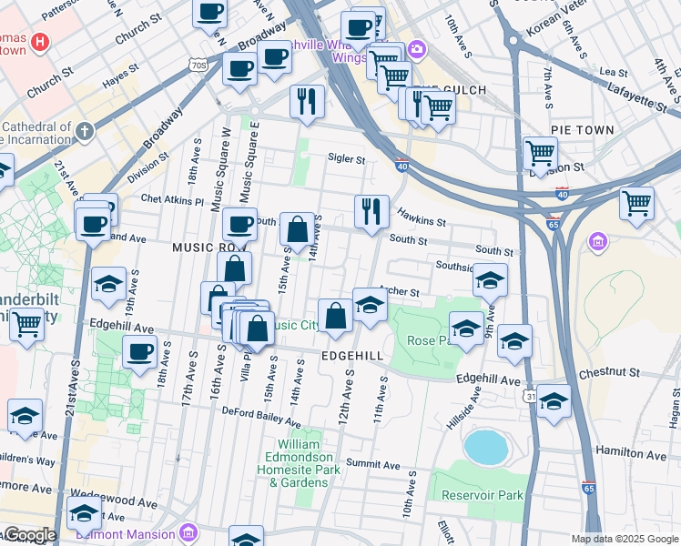 map of restaurants, bars, coffee shops, grocery stores, and more near 1018 13th Avenue South in Nashville