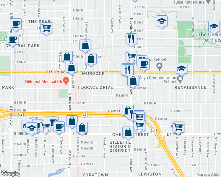 map of restaurants, bars, coffee shops, grocery stores, and more near 1200 South Zunis Avenue in Tulsa