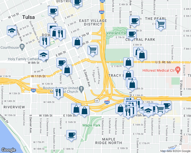 map of restaurants, bars, coffee shops, grocery stores, and more near 1212 South Elgin Avenue in Tulsa
