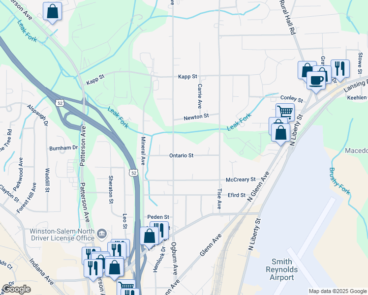 map of restaurants, bars, coffee shops, grocery stores, and more near 623 Ontario Street in Winston-Salem