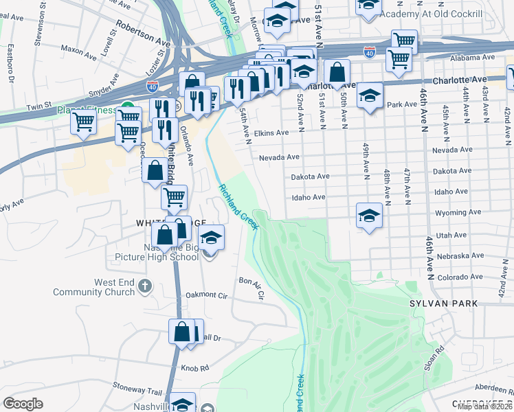 map of restaurants, bars, coffee shops, grocery stores, and more near 207 54th Avenue North in Nashville