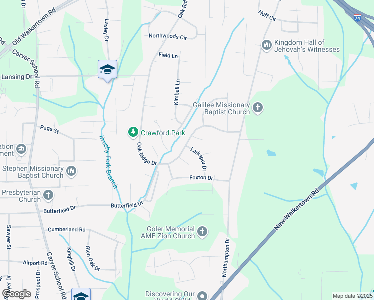 map of restaurants, bars, coffee shops, grocery stores, and more near 5236 Larkspur Drive in Winston-Salem