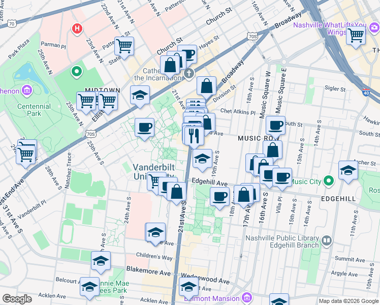 map of restaurants, bars, coffee shops, grocery stores, and more near 419 21st Avenue South in Nashville