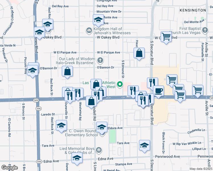 map of restaurants, bars, coffee shops, grocery stores, and more near 5420 West Sahara Avenue in Las Vegas