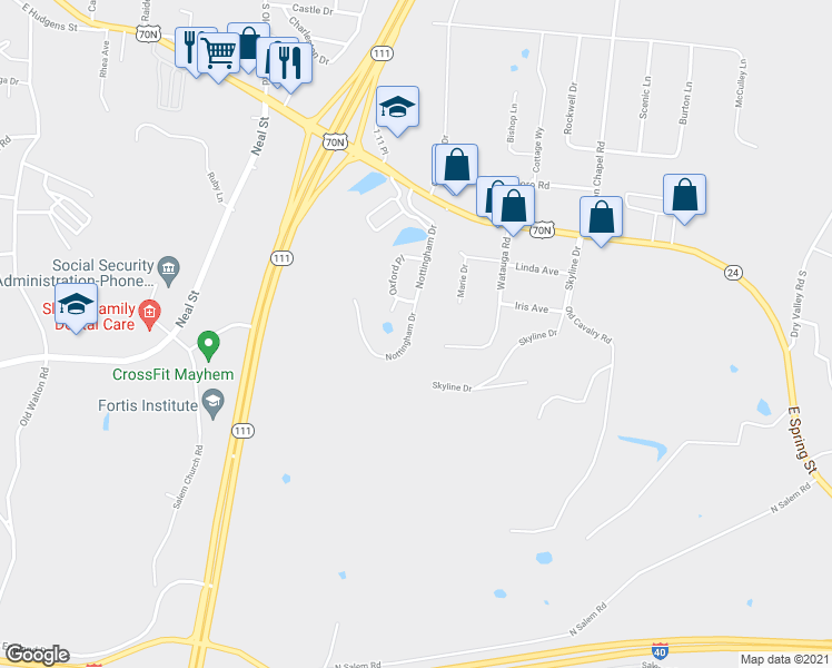map of restaurants, bars, coffee shops, grocery stores, and more near 1002 Nottingham Drive in Cookeville