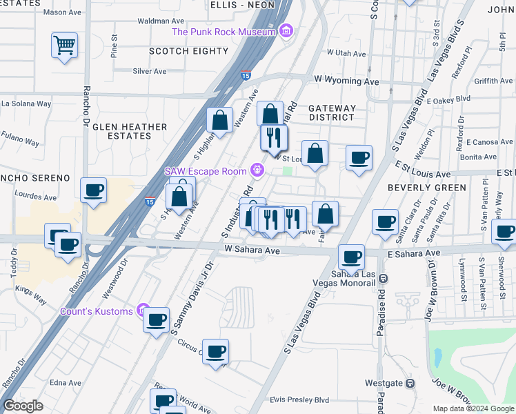 map of restaurants, bars, coffee shops, grocery stores, and more near 2300 Tam Drive in Las Vegas