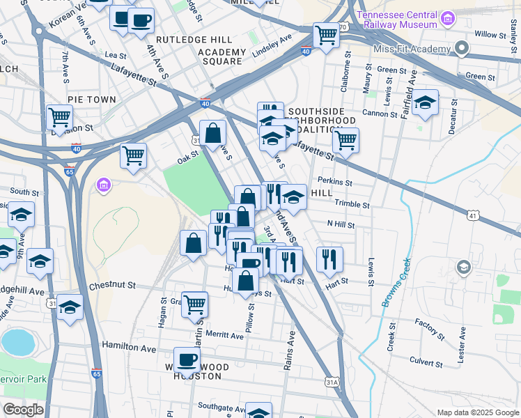 map of restaurants, bars, coffee shops, grocery stores, and more near 200 Chestnut Street in Nashville