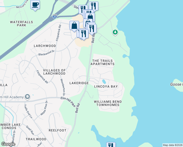 map of restaurants, bars, coffee shops, grocery stores, and more near 3372 Lincoya Creek Drive in Nashville
