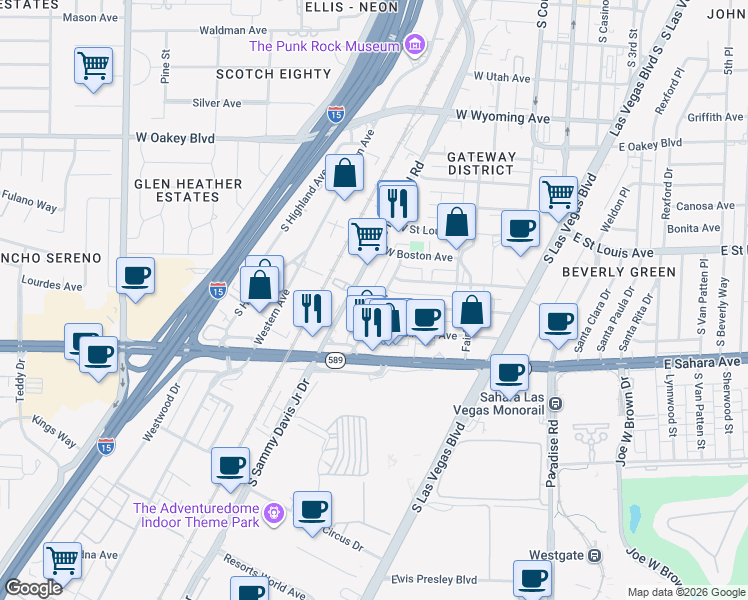 map of restaurants, bars, coffee shops, grocery stores, and more near 2300 Tam Drive in Las Vegas
