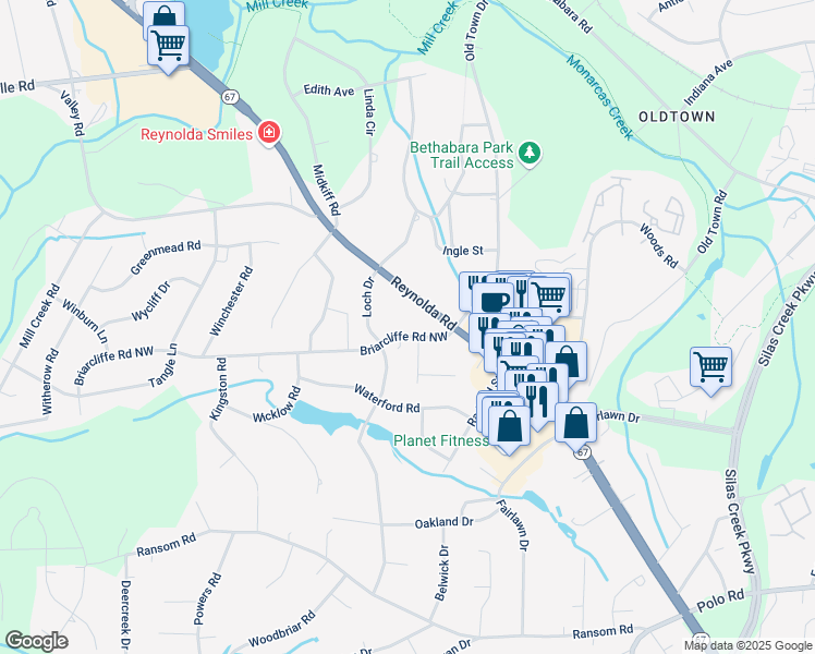 map of restaurants, bars, coffee shops, grocery stores, and more near 3020 Briarcliffe Road in Winston-Salem