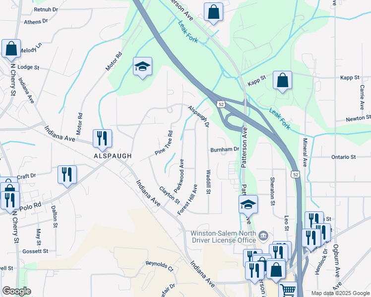 map of restaurants, bars, coffee shops, grocery stores, and more near 355 Parkwood Avenue in Winston-Salem
