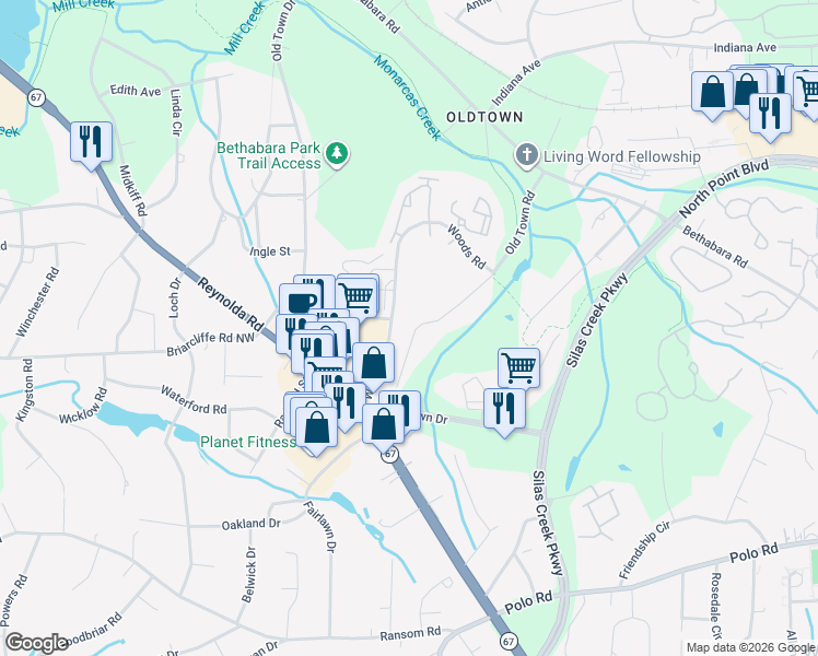 map of restaurants, bars, coffee shops, grocery stores, and more near 1506 Old Town Road in Winston-Salem