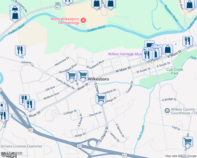 map of restaurants, bars, coffee shops, grocery stores, and more near in Wilkesboro