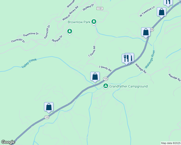 map of restaurants, bars, coffee shops, grocery stores, and more near 246 Woodwinds Drive in Seven Devils