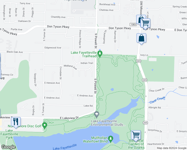 map of restaurants, bars, coffee shops, grocery stores, and more near 4207 Cherokee Cove in Springdale