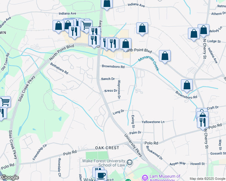 map of restaurants, bars, coffee shops, grocery stores, and more near Kress Drive in Winston-Salem