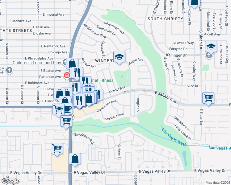 map of restaurants, bars, coffee shops, grocery stores, and more near 5279 Consul Avenue in Las Vegas