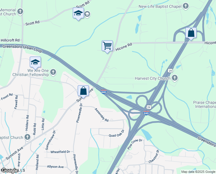 map of restaurants, bars, coffee shops, grocery stores, and more near 5011 Bullard Loop in Greensboro