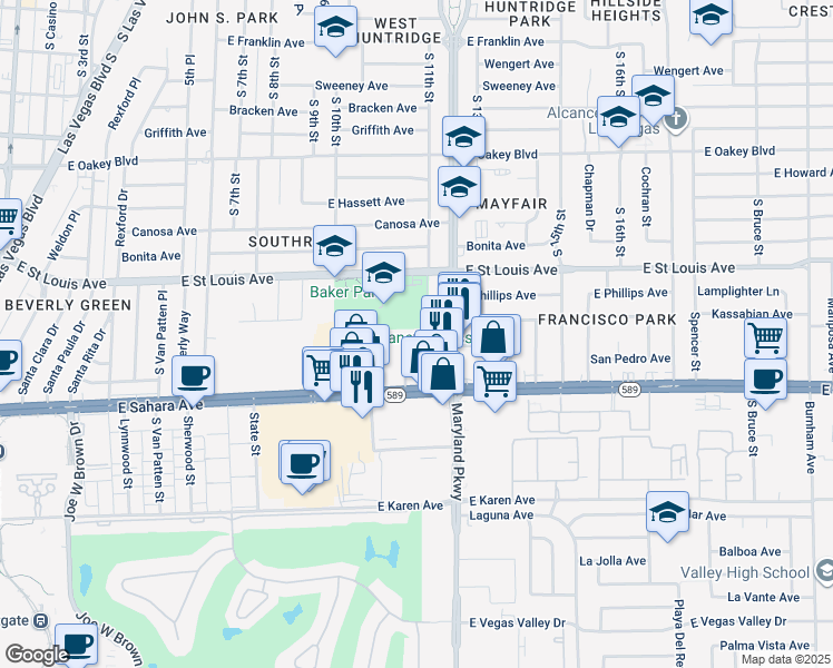 map of restaurants, bars, coffee shops, grocery stores, and more near 1140 Almond Tree Lane in Las Vegas