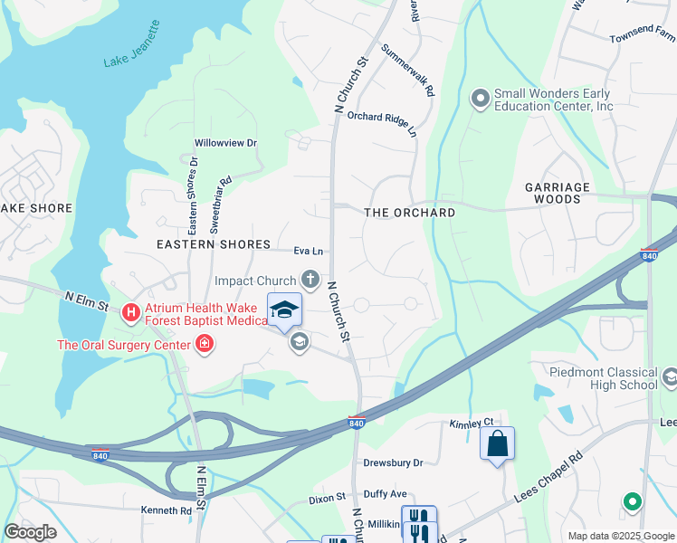 map of restaurants, bars, coffee shops, grocery stores, and more near 1 Augusta Court in Greensboro