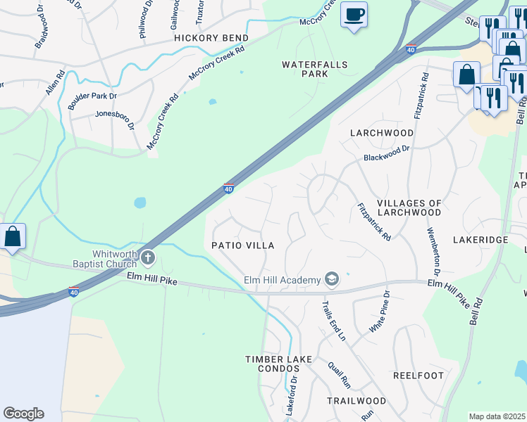 map of restaurants, bars, coffee shops, grocery stores, and more near 1005 Patio Drive in Nashville