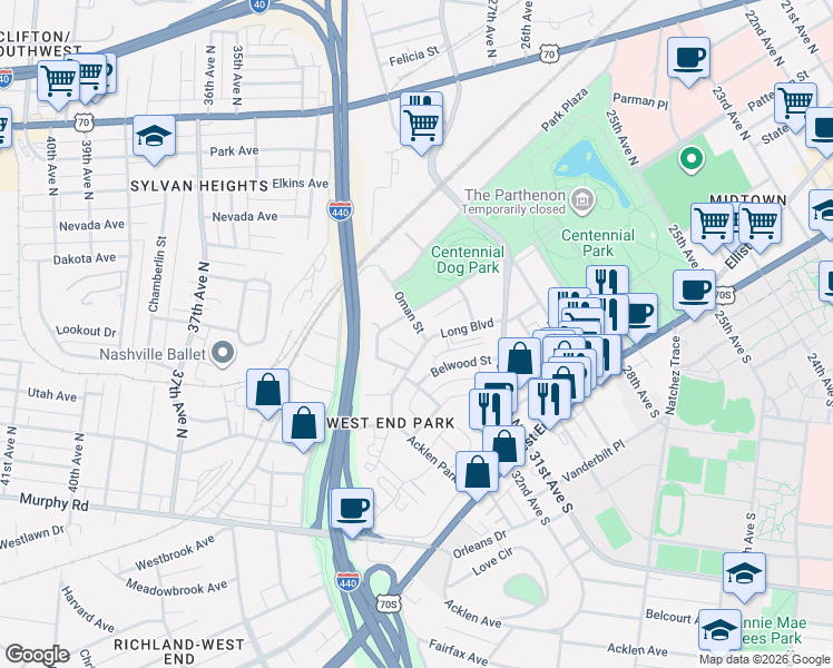 map of restaurants, bars, coffee shops, grocery stores, and more near 3138 Long Boulevard in Nashville
