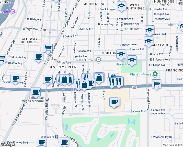 map of restaurants, bars, coffee shops, grocery stores, and more near 2200 South 6th Street in Las Vegas