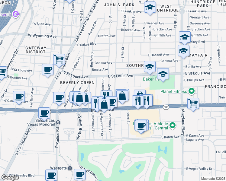 map of restaurants, bars, coffee shops, grocery stores, and more near 2212 South Beverly Way in Las Vegas