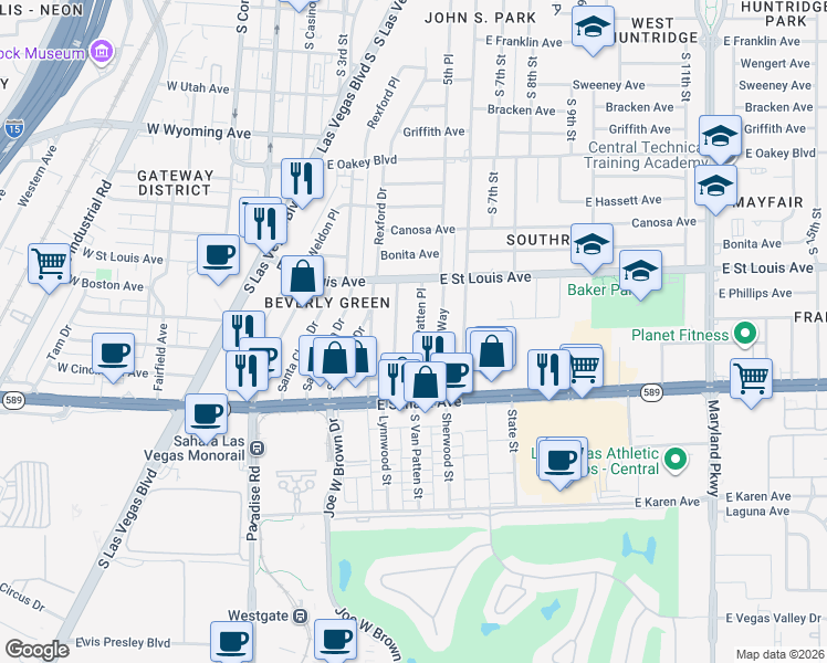 map of restaurants, bars, coffee shops, grocery stores, and more near 2209 Santa Ynez Drive in Las Vegas