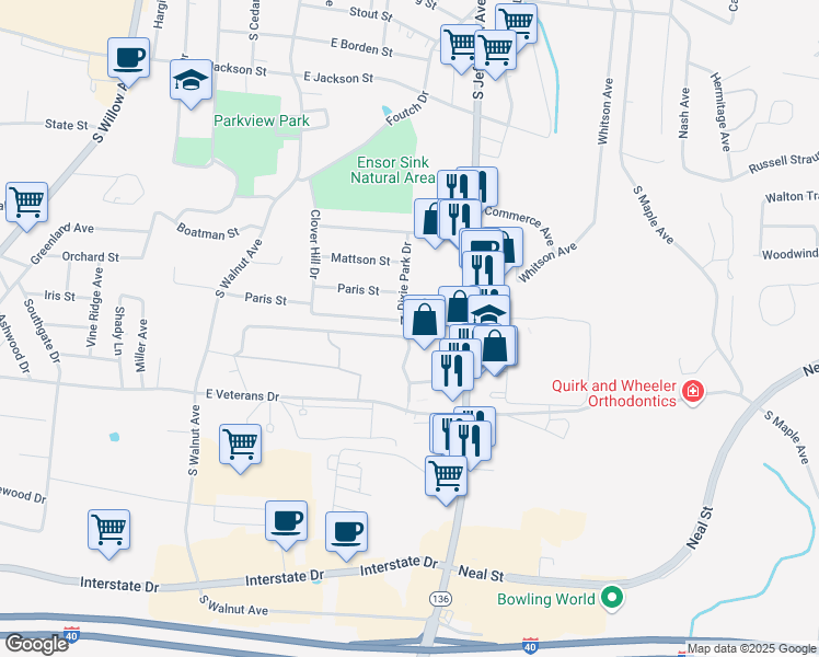 map of restaurants, bars, coffee shops, grocery stores, and more near 767 Fairground St in Cookeville