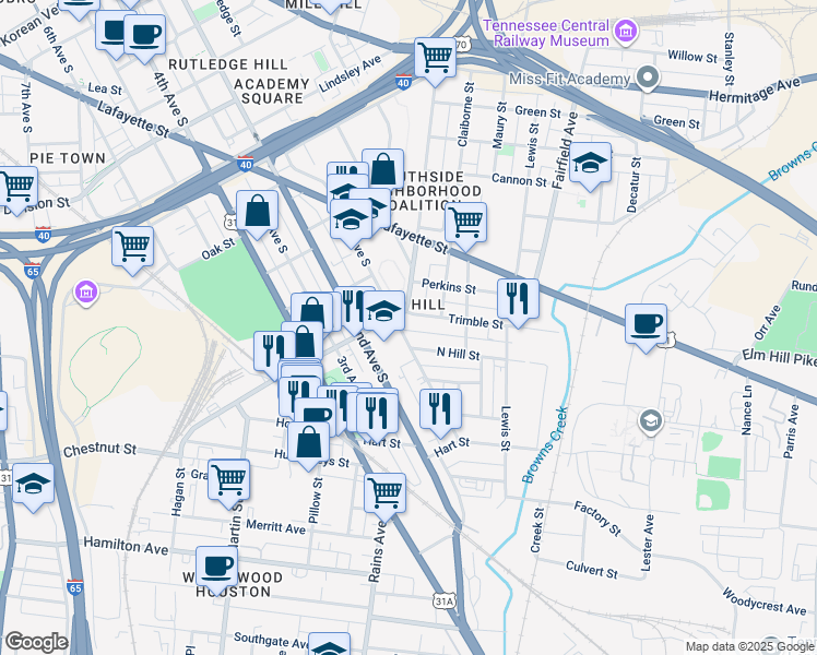 map of restaurants, bars, coffee shops, grocery stores, and more near in Nashville