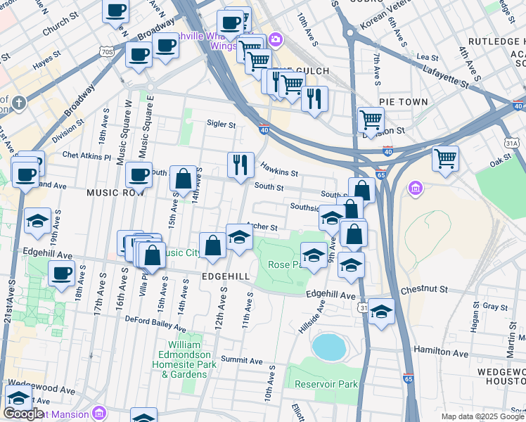 map of restaurants, bars, coffee shops, grocery stores, and more near 1086 Archer Street in Nashville