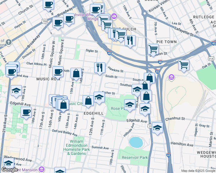 map of restaurants, bars, coffee shops, grocery stores, and more near 1086 Archer Street in Nashville