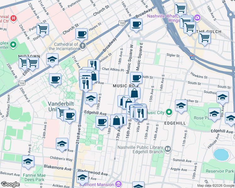 map of restaurants, bars, coffee shops, grocery stores, and more near 1021 17th Avenue South in Nashville
