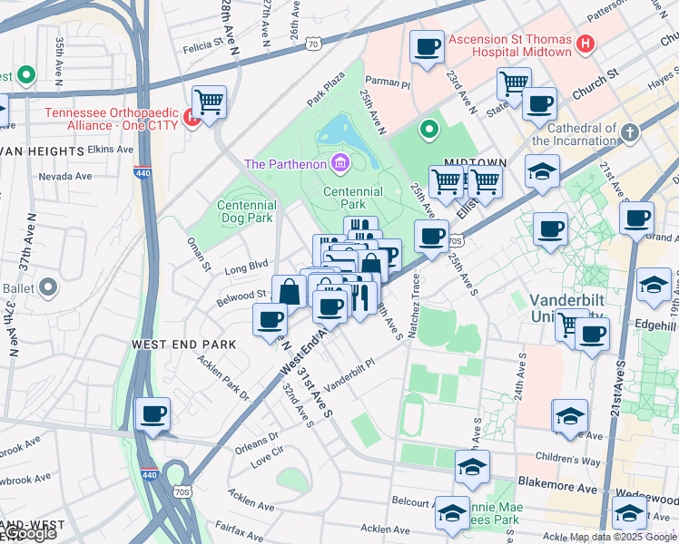 map of restaurants, bars, coffee shops, grocery stores, and more near 114 29th Avenue North in Nashville