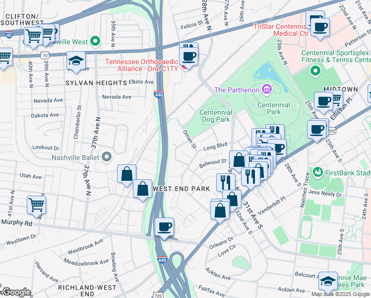 map of restaurants, bars, coffee shops, grocery stores, and more near 3138 Long Boulevard in Nashville