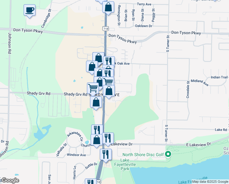map of restaurants, bars, coffee shops, grocery stores, and more near 4401 South Thompson Street in Springdale